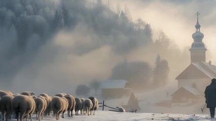 A solitary figure stands in the snow beside a flock of sheep. The scene is set against a backdrop of a misty mountain range and a church steeple.