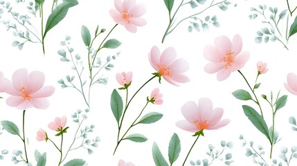 Fototapeta premium Elegant watercolor illust n of a seamless floral pattern with soft pink flowers their delicate petals and orange centers interspersed with gentle green leaves and branches