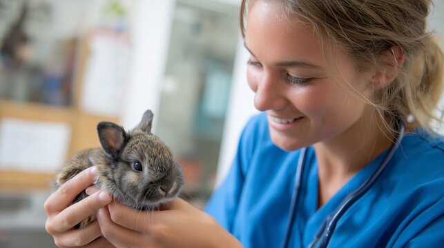 Veterinary technician caring for a rabbit in an animal clinic during the day - Powered by Adobe