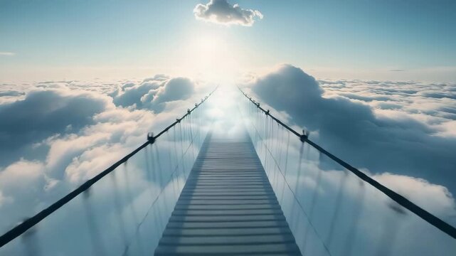 Elevated view of a bridge emerging from clouds at sunrise over a mountainous landscape