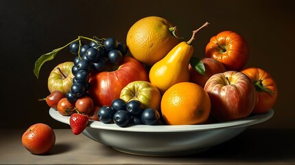 Ultra-realistic still life of a bowl of fresh fruit, vivid colors, chiaroscuro lighting, Dutch Golden Age painting style