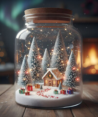 Magical Christmas Snow Globe Jar with Gingerbread House, Pine Trees, and Sparkling Fairy Lights on a Wooden Table