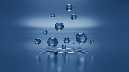Clean water droplets levitating above a smooth surface creating perfect ripples on a deep blue background