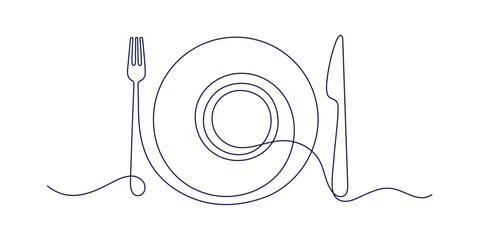 Plate with fork, knife. Continuous one line symbol