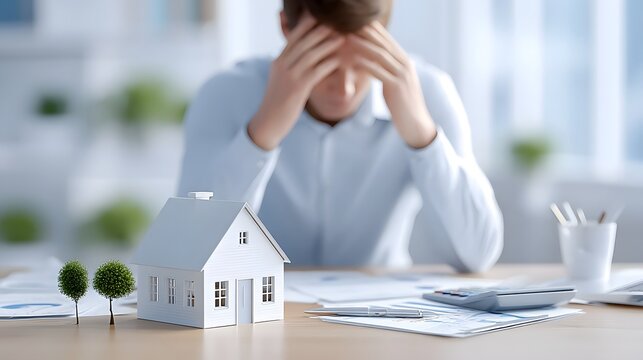 Overwhelmed person stressed about home finance holding head amidst calculator documents and house model on desk - Powered by Adobe