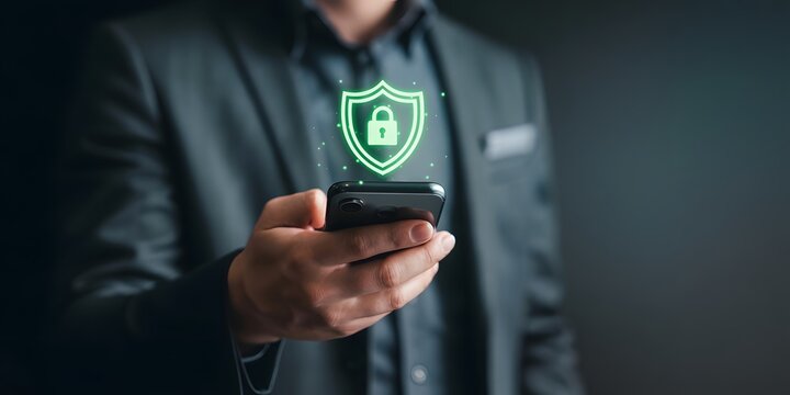 Cybersecurity concept – businessman holding smartphone with glowing security lock icon, protecting data, privacy, and digital information