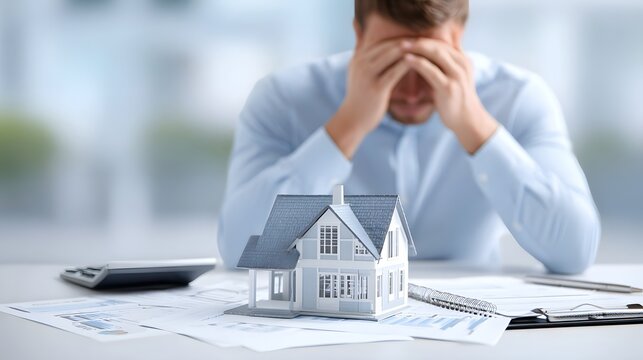 Symbolizing financial stress a person appears overwhelmed by debt or housing market issues shown with a house model calculator and charts on a desk