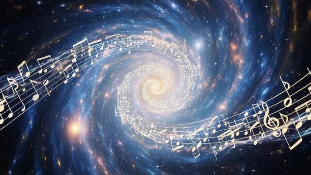 Celestial Melodies: Abstract artwork features musical notes swirling through a galaxy, evoking the boundless harmony of the universe.