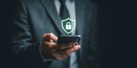 Cybersecurity concept – businessman holding smartphone with glowing security lock icon, protecting data, privacy, and digital information
