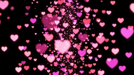 Abstract background of many glowing pink and red heart shapes floating on a black background, perfect for romance or valentines day - Powered by Adobe