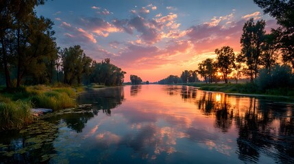 serene river flows through a dense forest at sunset while the sky is painted with streaks of pink and orange reflecting on the calm water.