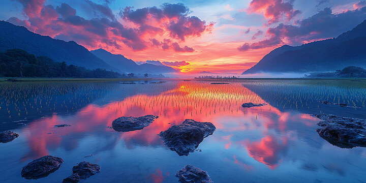 Serene sunrise over tranquil rice fields and mountains Generative AI - Powered by Adobe