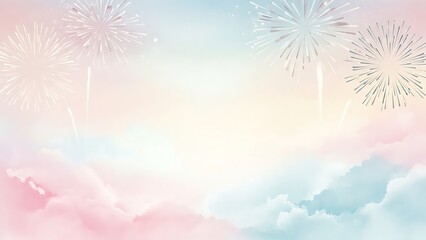 Festive fireworks light up a soft pastel sky filled with fluffy clouds, evoking a celebratory and dreamy atmosphere