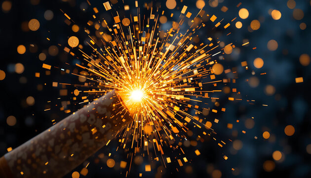 Close-up of party popper exploding with golden confetti and glitter in dark background, celebration concept, ultra realistic