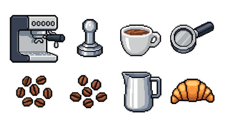 Pixel art coffee making equipment icons set including an espresso machine, tamper, portafilter, cup, beans, milk pitcher, and croissant in a retro 8-bit video game style isolated on white