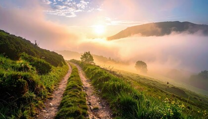 A scenic view of a dirt road winding through green hills and mountains, with a sunrise casting a warm glow through the mist.