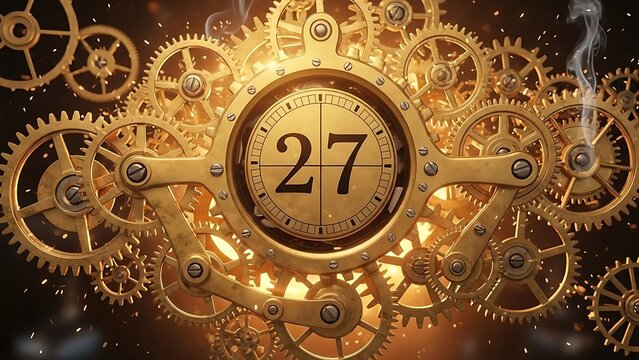 Ornate Golden Clockwork Mechanism with '27' at its Core, Symbolizing a Significant Countdown, Important Date, or Milestone within a Steampunk Timepiece Design