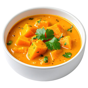 Locro de zapallo a hearty argentine pumpkin and corn stew with beef served in a clay bowl isolated on white background