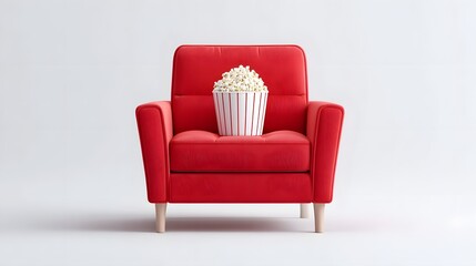 A vibrant red armchair is centrally placed on a minimalist white background featuring a classic striped bucket overflowing with popcorn evoking themes of home entertainment and relaxation