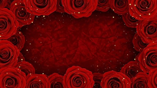 Elegant floral frame of deep red roses with sparkling golden confetti on a textured velvet background for romance