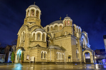 Orthodox Temple of the Seven Saints at night in Sofia, Bulgaria