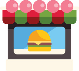 Cartoon burger shop window displaying a tasty hamburger under a red and green striped awning