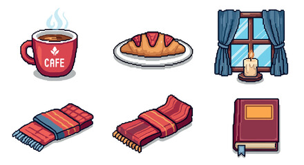 Set of cozy pixel art icons with a steaming coffee mug, croissant, candle in a window, warm scarf, and book, representing a comfortable autumn or winter mood isolated on white