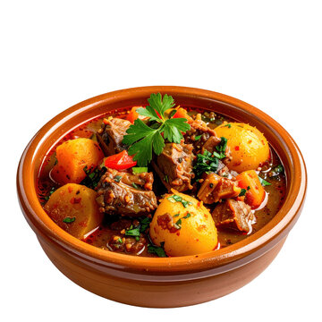 Bolivian mondongo a traditional and hearty pork stew with corn and potatoes served in a bowl and isolated on a white background