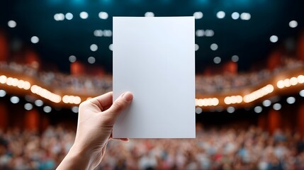 Hand holding blank card against blurred theater backdrop with illuminated seats suggesting an announcement or forthcoming presentation