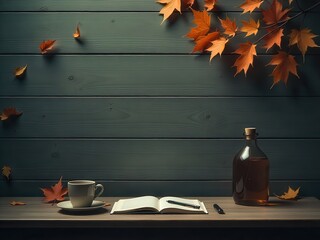 Hot coffee in a white mug on a wooden table with autumn leaves