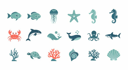 Diverse Collection of Marine Life Illustrations in Vector Format.