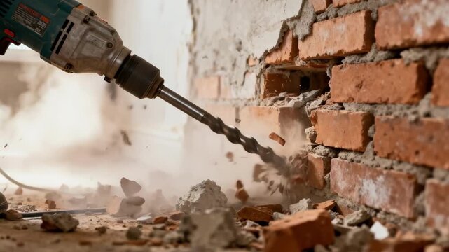 Closeup of electric jackhammer removing old bricks from a nonstructural wall in a residential renovation project.