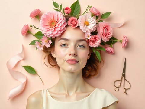 A beautiful woman with a floral wreath in her hair has a close-up of her smiling face, showcasing her spring make-up and radiant skin
