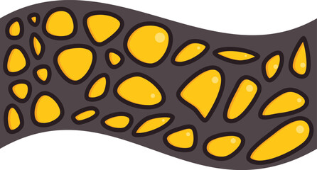 Wavy cartoon road paved with yellow cobblestones on dark grey surface isolated on white background