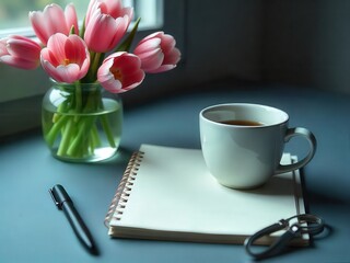 Coffee cup, pen, and notebook on a desk for business work or a breakfast cafe break