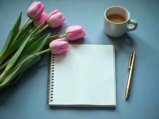 Morning coffee and a blank notebook for business notes on a brown wooden desk