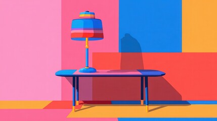 3D Render of Desk Lamp and Table with Geometric Background