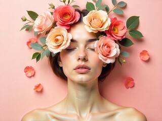 Close-up of a beautiful woman model's face with pink rose flowers, glamour makeup, and summer fashion hair