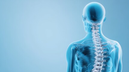 Anatomy illustration of a human spine and skeleton in blue