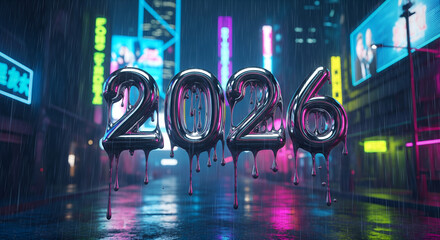2026 Blue neon sign on the wall concept for new year night party celebration