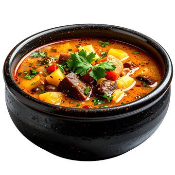 Mondongo soup from venezuela a hearty tripe and vegetable stew served in a bowl isolated on white background