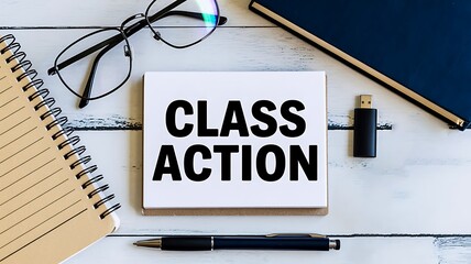 Overhead view of a desk with a notepad displaying the words class action surrounded by school supplies like glasses a pen a notebook and a usb drive symbolizing education and legal matters
