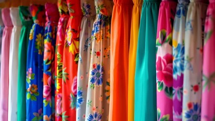 Holiday shopping season. Retail business promotion concept. A closeup of a row of colorful dresses hanging on a rack. The dresses are vibrant and varied in color.