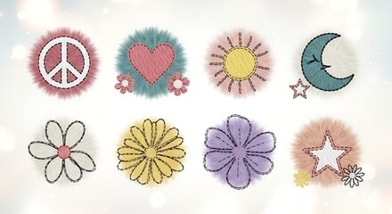 Collection of hippie and boho style embellishments featuring peace sign heart sun and moon