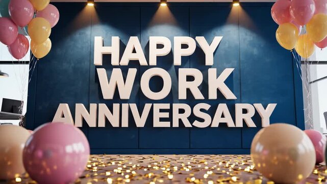 Happy work anniversary celebration with falling gold confetti, colorful balloons, and large white text against a blue wall in an office setting