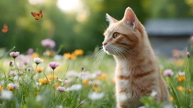 A charming ginger cat with distinct stripes sits calmly amidst a colorful field of wildflowers while two orange butterflies gracefully fly nearby in the soft natural light of a serene outdoor scene