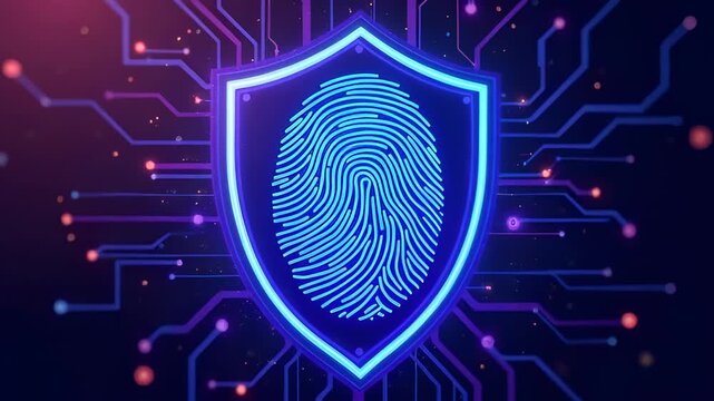 Glowing fingerprint inside a digital shield with padlocks and circuit lines. Symbol of network security, encryption, and privacy protection, animated - Powered by Adobe