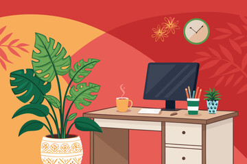 Featuring Office Desk With Plant Ornaments Coffee Beautiful Professional Photo