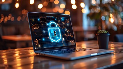 Laptop displaying a digital padlock on screen with bokeh background and small plant pot near it