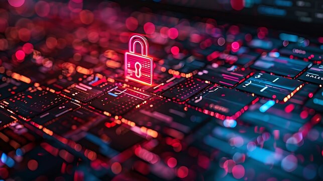 Red glowing padlock on a keyboard with red and blue lights shining on the keys and background
